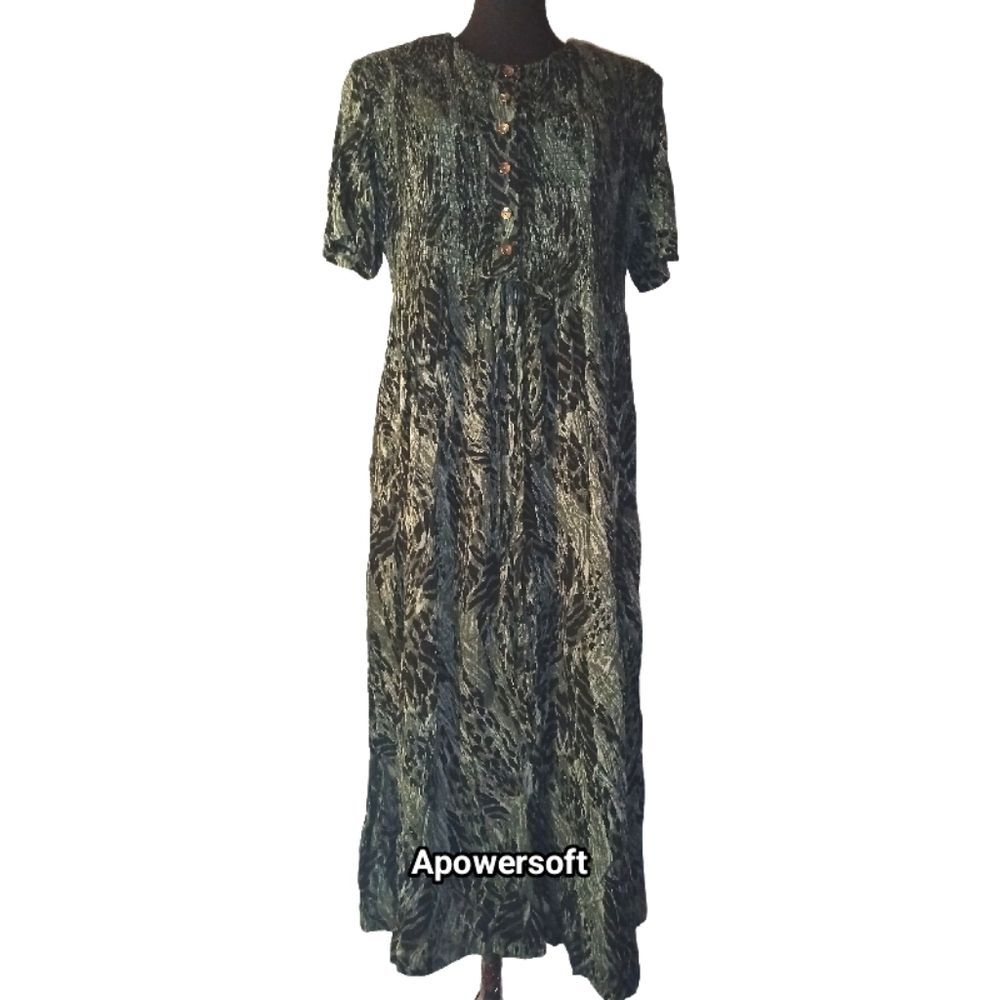 Vintage 1980s Green Animal Print Smocked Midi Dress Sz 14